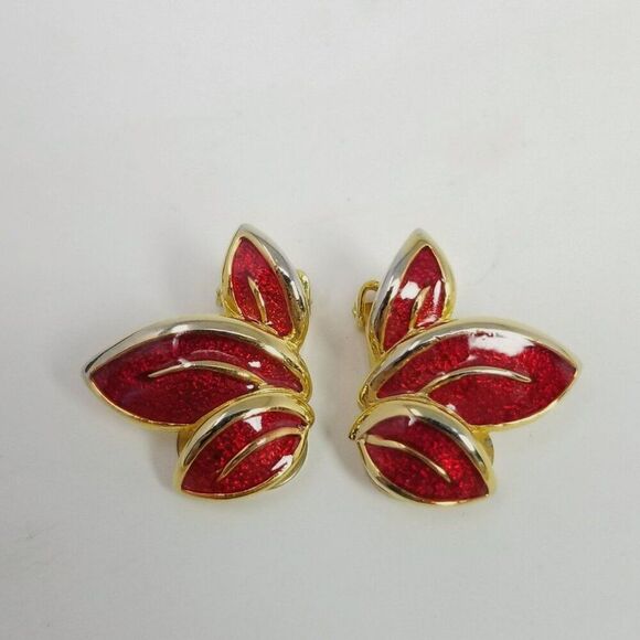 Vintage Red Enamel Leaf Clip On Earrings, Gold Tone Setting, Retro Estate - Picture 5 of 6